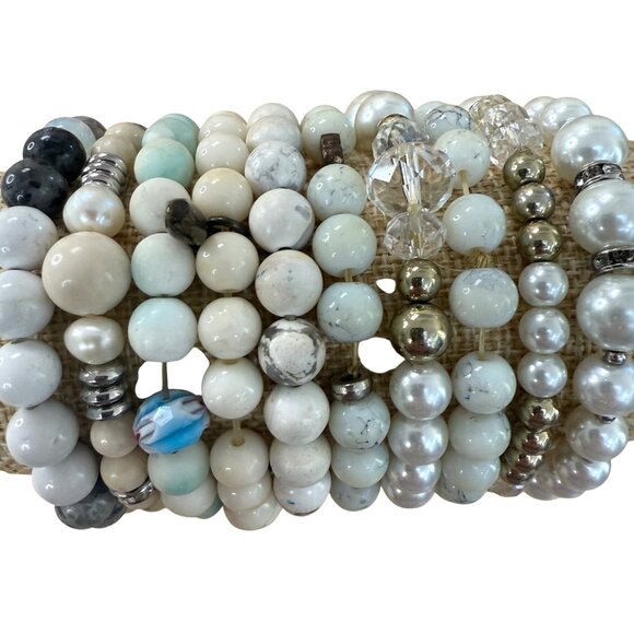 White Beaded Stretch Bracelet Stack Set Of 10 For Women Wearable Or Craft - Picture 1 of 13
